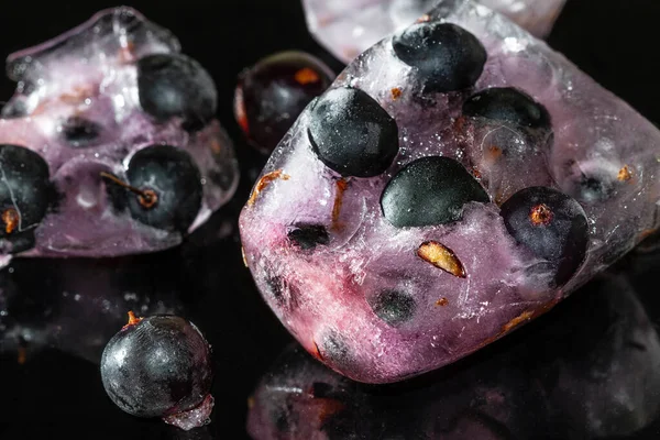 Black Currant Berries Frozen Ice Reflection Dark Background Cracked Ice — Stock Photo, Image