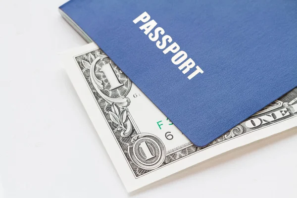 Синій Паспорт Рахунком Один Долар Світлому Фоні Крупний План Вибірковий — стокове фото