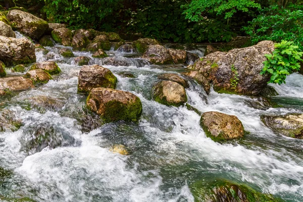 Şeffaf su ve büyük taşlarla engebeli dağ deresi