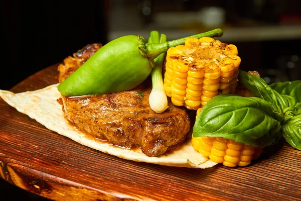 Pork Steak Pepper Grilled Corn Wooden Board — Stock Photo, Image