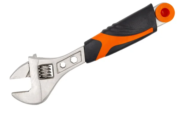 Adjustable Wrench Black Orange Handle Isolated White Background Closeup Top — Stock Photo, Image