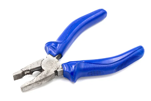 Metal Blue Pliers Isolated White Background Pliers Shadows Closeup Selective — Stock Photo, Image