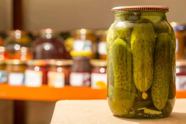 Pot Verre Fait Maison Avec Des Concombres Marinés Dans Cave — Photo