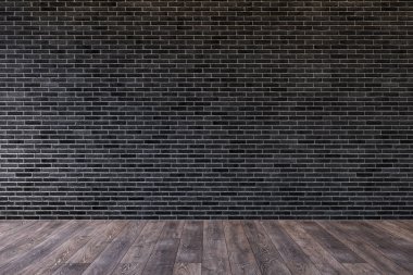 Çatı katı iç boş siyah tuğla duvar ve ahşap zemin ile. 3D render illüstrasyon kadar sahte.