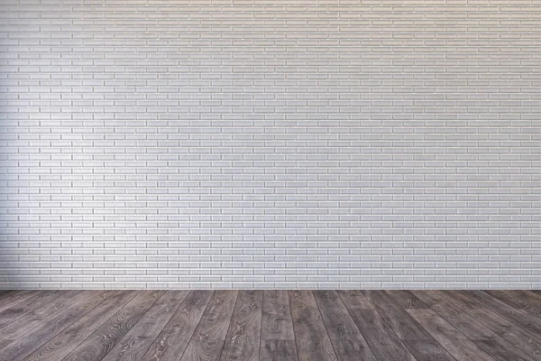 Loft wnętrze z puste białej cegły ściany i drewniane podłogi. 3D render ilustracja makieta. — Zdjęcie stockowe