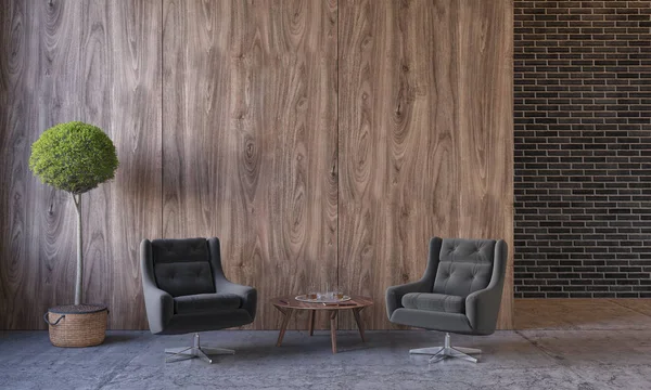 Moderno loft interior con muebles, sillas de salón, planta, mesa, paneles de pared de madera, pared de ladrillo, piso de hormigón. Habitación vacía, pared en blanco. maqueta de ilustración de renderizado 3d —  Fotos de Stock