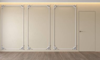 Modern Klasik Bej iç sıva, kapı, ahşap zemin, tavan arkadan aydınlatmalı, kalıplama ile. Boş oda, boş duvar. 3D render illüstrasyon kadar sahte.