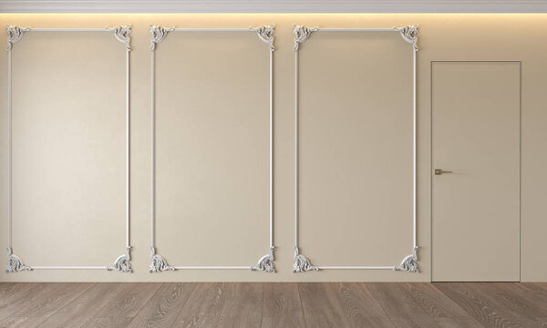 Modern classic beige interior with stucco, door, wooden floor, ceiling backlit, molding. Empty room, blank wall. 3d render illustration mock up.
