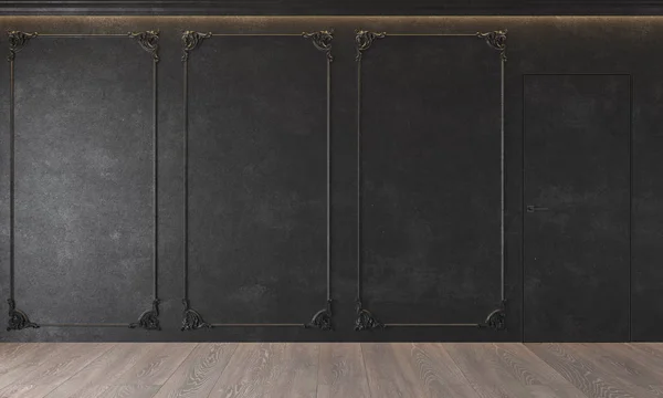 Modern Klasik siyah iç sıva, kapı, ahşap zemin, tavan arkadan aydınlatmalı, kalıplama ile. Boş oda, boş duvar. 3D render illüstrasyon kadar sahte.