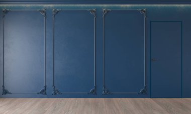 Modern klasik koyu mavi iç sıva, kapı, ahşap zemin, tavan arkadan aydınlatmalı, kalıplama ile. Boş oda, boş duvar. 3D render illüstrasyon kadar sahte.