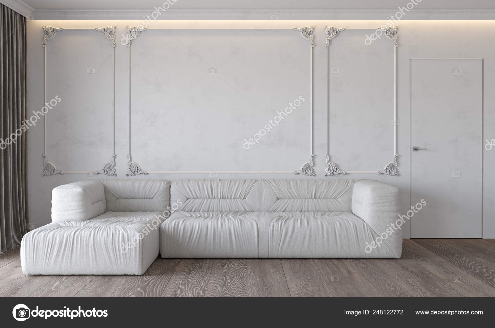 Modern Classic White Interior With Sofa Wall Mouldings