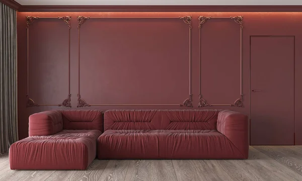 Modern classic red interior with sofa wall mouldings ceiling backlit wood floor door and curtains. 3d render illustration mockup.