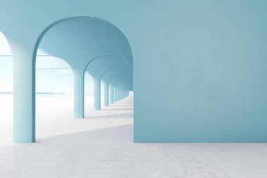 Mavi mimari koridor boş duvar, beton zemin, ufuk çizgisi ile. 3D render illüstrasyon kadar sahte