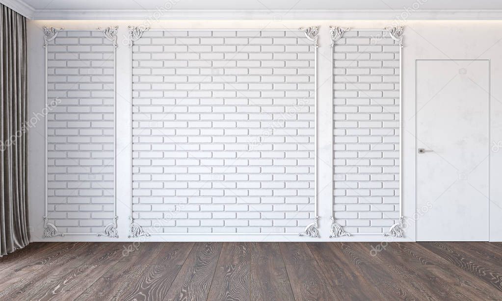 Modern classic white interior with brick wall, door, wooden floor, ceiling backlit, molding and curtain. Empty room, blank wall. 3d render illustration mock up.