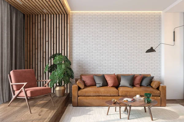 Modern living room interior with brick wall blank wall, leather brown sofa, red lounge chair, table, wooden wall and floor, plants, carpet, hidden lighting. 3d render illustration mockup. — Stock Photo, Image