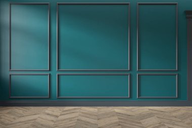 Duvar panelleri, kalıplar ve ahşap zemin ile modern klasik yeşil, turkuaz renkli boş iç. 3d render illüstrasyon kadar alay.