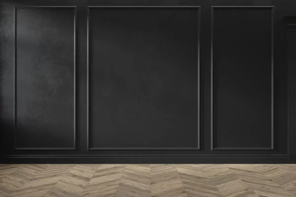 Moderno clássico preto vazio interior com painéis de parede e piso de madeira. 3d renderizar ilustração mock up. — Fotografia de Stock