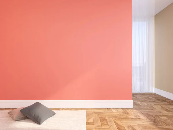 Corail, mur blanc rose intérieur vide avec oreillers, tapis, rideau et plancher de bois chevrons. Illustration de rendu 3d maquette — Photo