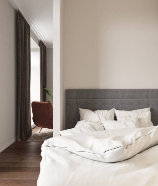 Yataklı boş oda. yastıklar, koltuk ve perdeler. 3d render illüstrasyon kadar alay.