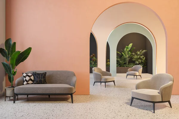 Kemerler, kanepe, koltuklar, terrazzo zemin ve bitkiler ile renkli iç. 3d render illüstrasyon kadar alay
