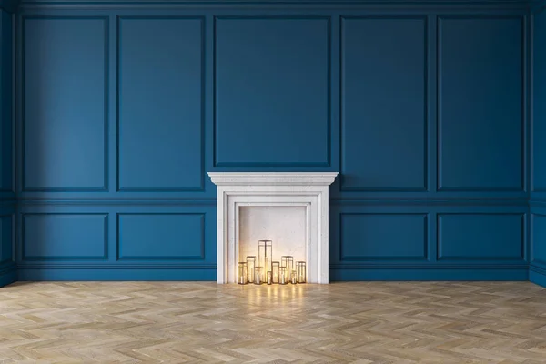 Современный классический синий интерьер с камином, стеновые панели, деревянный пол. 3d визуализация иллюстрации макет — стоковое фото