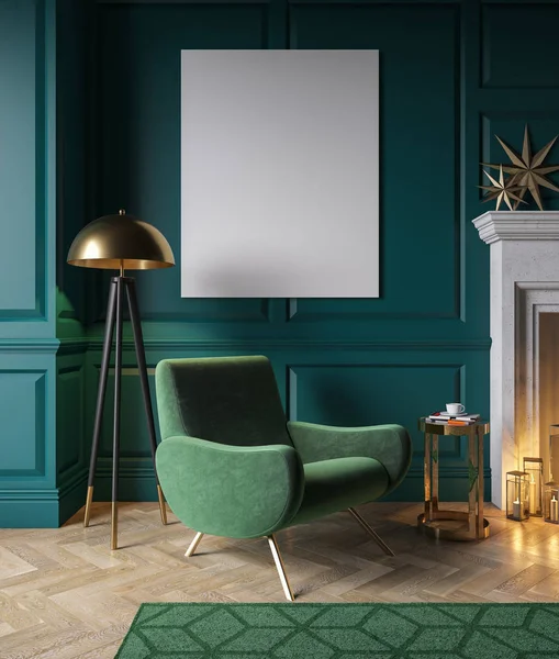 Interior verde clásico con sillón, chimenea, vela, lámpara de pie, alfombra. 3d renderizado ilustración maqueta hasta . —  Fotos de Stock