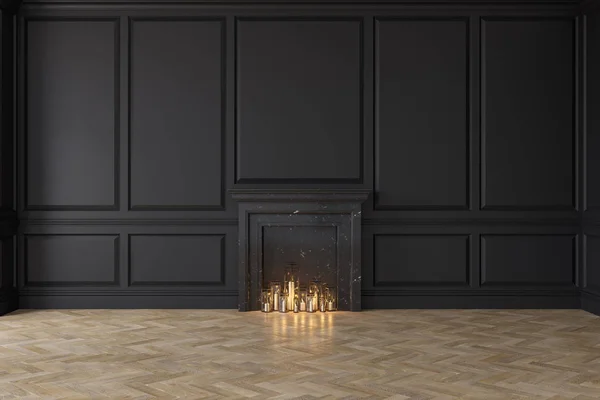 Moderno interior negro clásico con chimenea, paneles de pared, suelo de madera. 3d renderizado ilustración maqueta hasta —  Fotos de Stock