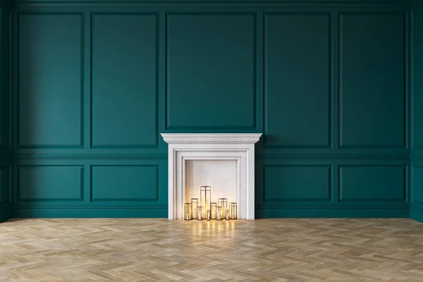 Сучасний класичний синій інтер'єр з каміном, стіновими панелями, дерев'яною підлогою. 3D ілюстрація візуалізації глузування вгору — стокове фото