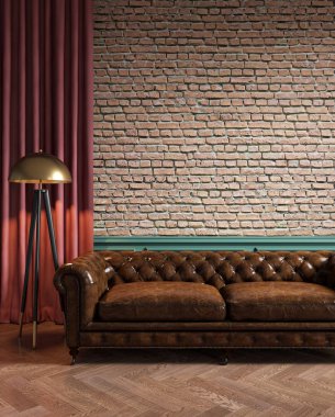 Tuğla duvar, kanepe, zemin lambası, ahşap zemin ile Loft iç. 3d render illüstrasyon mockup.