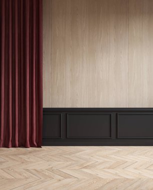 Perde, pervaz, ahşap zemin ile Modern klasik boş iç. 3d render illüstrasyon kadar alay.