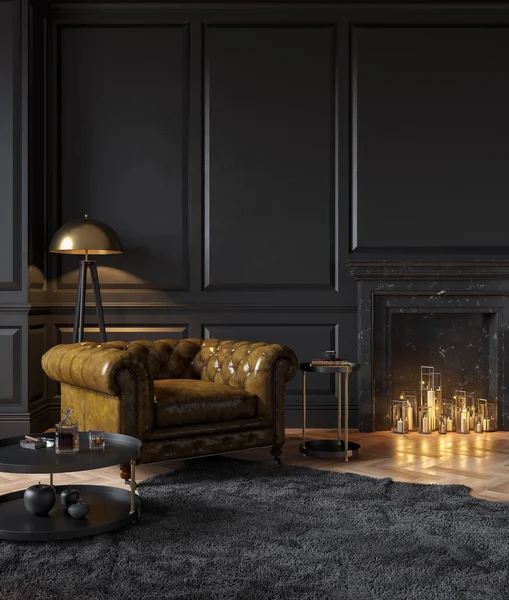 Black classic interior with armchair, moldings, fireplace, candle, floor lamp, carpet and table. 3d render illustration mockup. — Stock Photo, Image