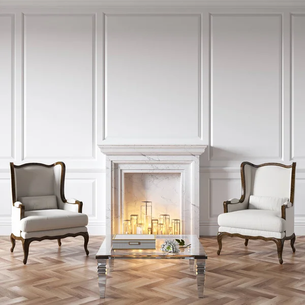Κλασικό λευκό εσωτερικό με τζάκι, κεριά, πολυθρόνες, γυάλινο τραπέζι, διακόσμηση και ξύλινο δάπεδο. απεικόνιση απεικόνισης 3D. — Φωτογραφία Αρχείου