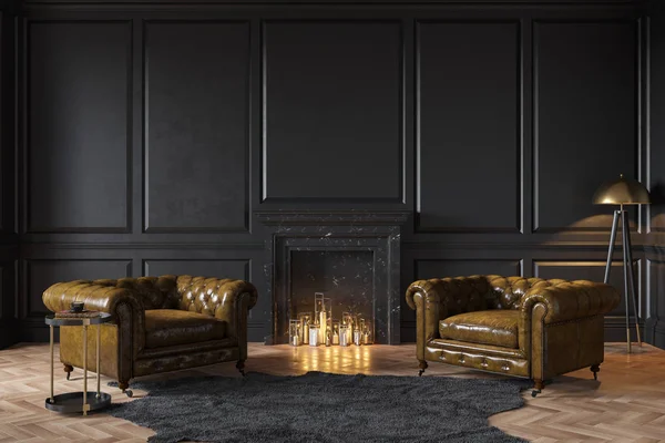Czarne klasyczne wnętrze z kominkiem, skórzane fotele, dywan, świece. — Zdjęcie stockowe