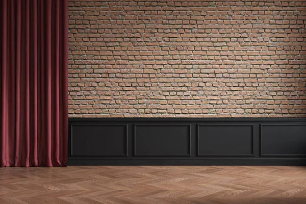 Σοφίτα κενό εσωτερικό με τοιχοποιίας, κόκκινη κουρτίνα, καλούπια και ξύλινο πάτωμα. — Φωτογραφία Αρχείου