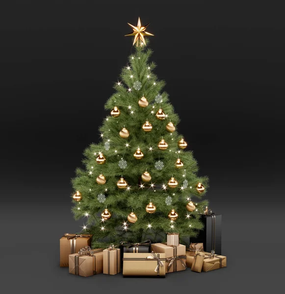 Kerstboom en geschenken op zwarte achtergrond. 3d illustratie weergeven. — Stockfoto