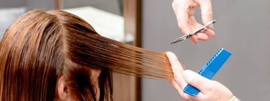 Kuaför elleri güzellik salonunda uzun saçlarını kesiyor..