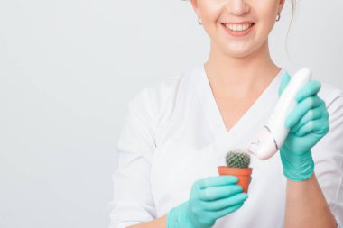 Kozmetik uzmanı kahverengi bir tencerede yeşil kaktüs tıraş ediyor ve beyaz arka planda gülümseyen eldivenler giyiyor. Tüy dökümü, epilasyon ve tüylerin alınması kavramı.
