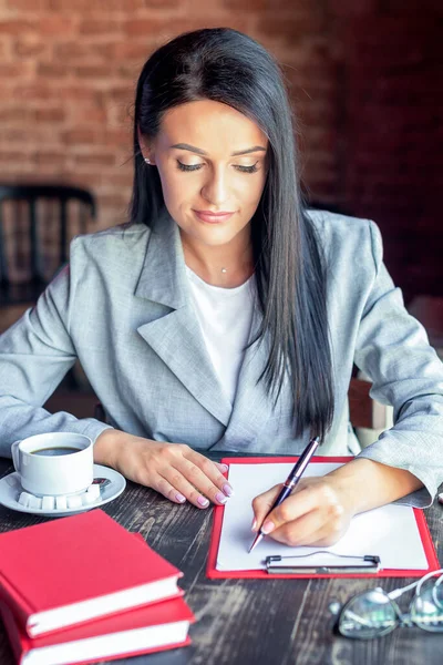 Beautiful Young Business Woman Writing White Paper Cafe — Stock Photo, Image
