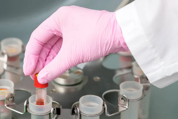 Hand Doctor Putting Test Tube Blood Centrifuge Machine Lab — Stock Photo, Image