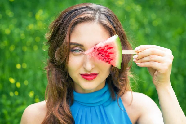 Pretty Woman Covering Her Eye Piece Watermelon Outdoor Summer — Stock fotografie