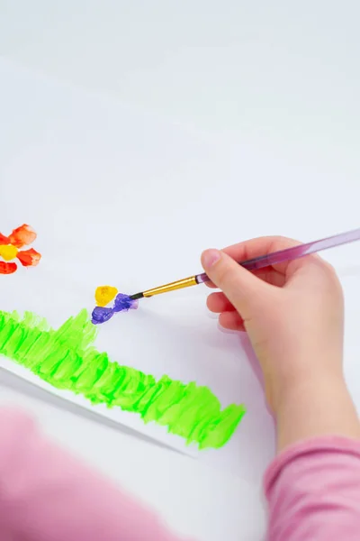 Child Hands Drawing Flowers White Sheet Paper Children Earth Day — Stock Photo, Image