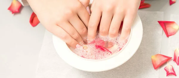 Top View Female Hands Receiving Spa Treatment Bowl Rose Petals — Stock Photo, Image