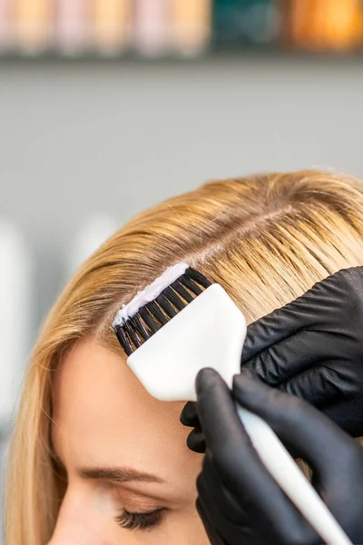 Hands of hairdresser dyeing hair of woman with brush at beauty salon.