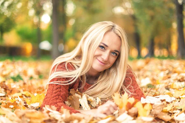 Beautiful Young Blond Hair Caucasian Woman Lies Leaves Autumn Park Stock Photo