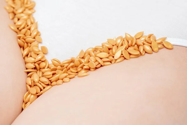 Close Wax Beans Seeds Lying Row Bikini Zone Young Woman — Stock Photo, Image