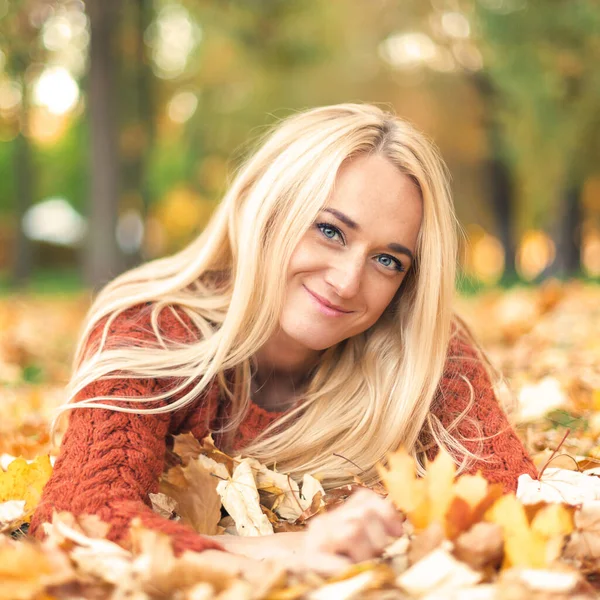 Beautiful Young Blond Hair Caucasian Woman Lies Leaves Autumn Park Stock Picture