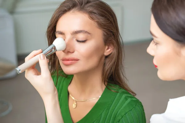 Makeup Artist Applying Dry Cosmetic Tonal Foundation Nose Young Caucasian — Stock Photo, Image