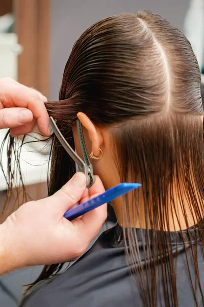 Руки Парикмахера Расчесывают Волосы Молодой Женщины Парикмахерской Процесс Прически Салоне — стоковое фото