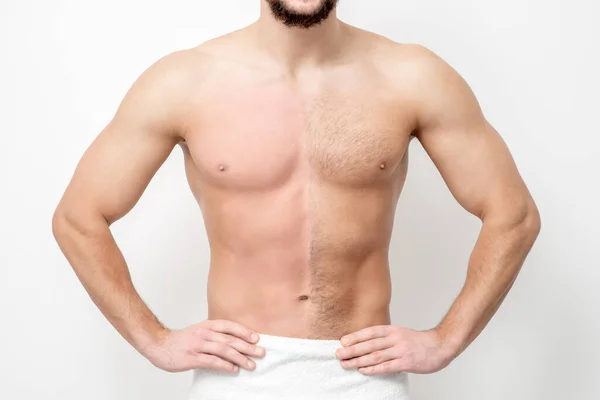 Young Caucasian Man Bare Chested Waxing His Hair Stands White — Stock Photo, Image