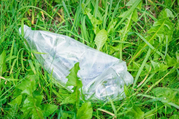 Crumpled plastic bottle lying in green grass. Concept of environmental protection. Defocused